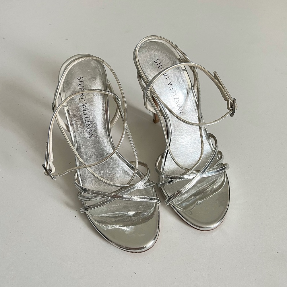 Stuart Weitzman Metallic Silver Ankle Strap Sandals 8